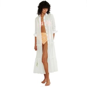 Palmacea Cotton Ruffle White Beach Cover Up Midi Dress New Size M